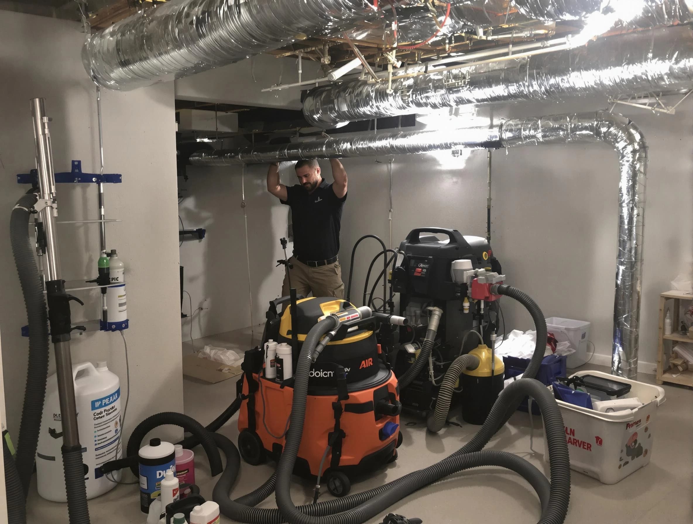 Gilbert Air Duct Cleaning specialist performing professional mold removal from air ducts using safety equipment in Gilbert