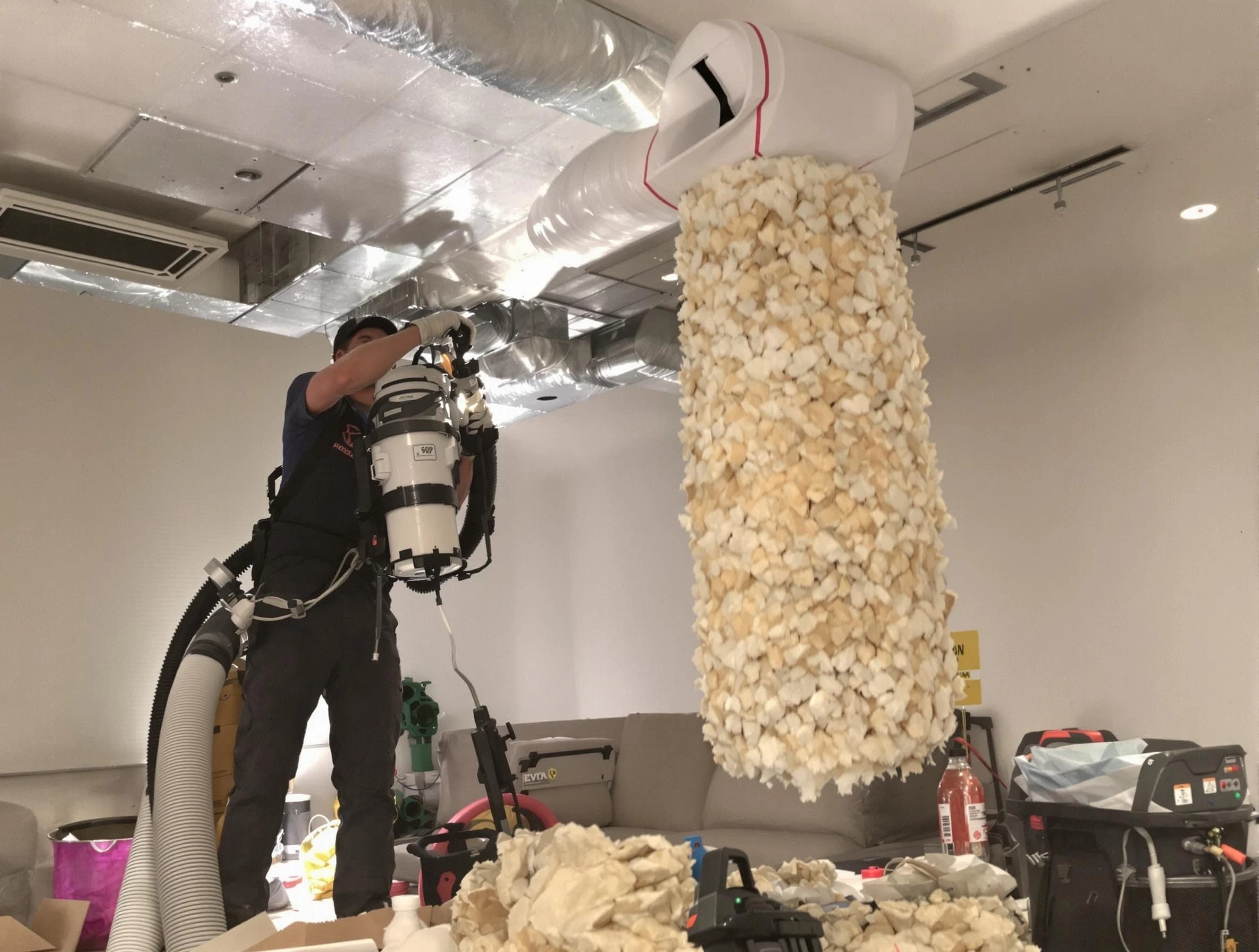 Gilbert Air Duct Cleaning technician performing precision vacuum insulation removal in a residential property in Gilbert