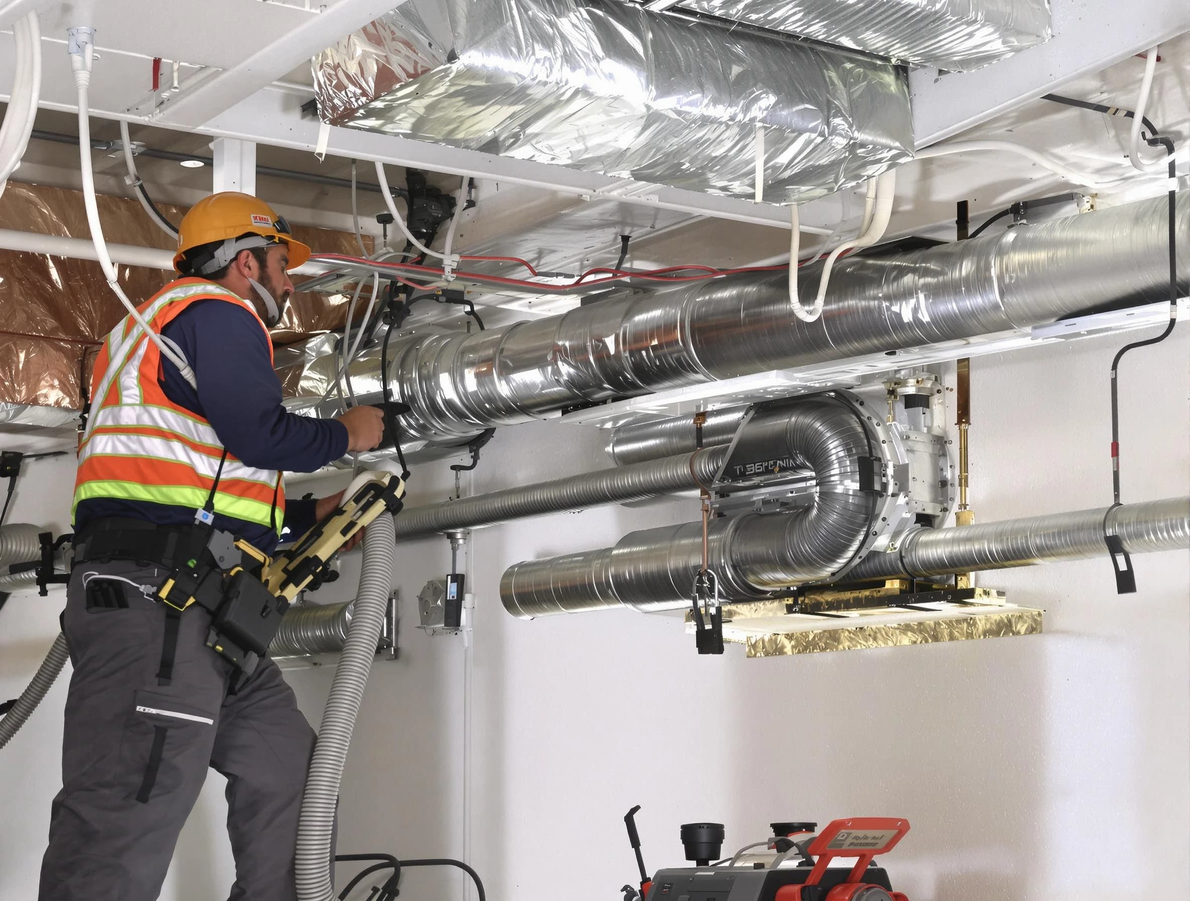 Gilbert Air Duct Cleaning technician performing precision vacuum insulation removal in a residential property in Gilbert