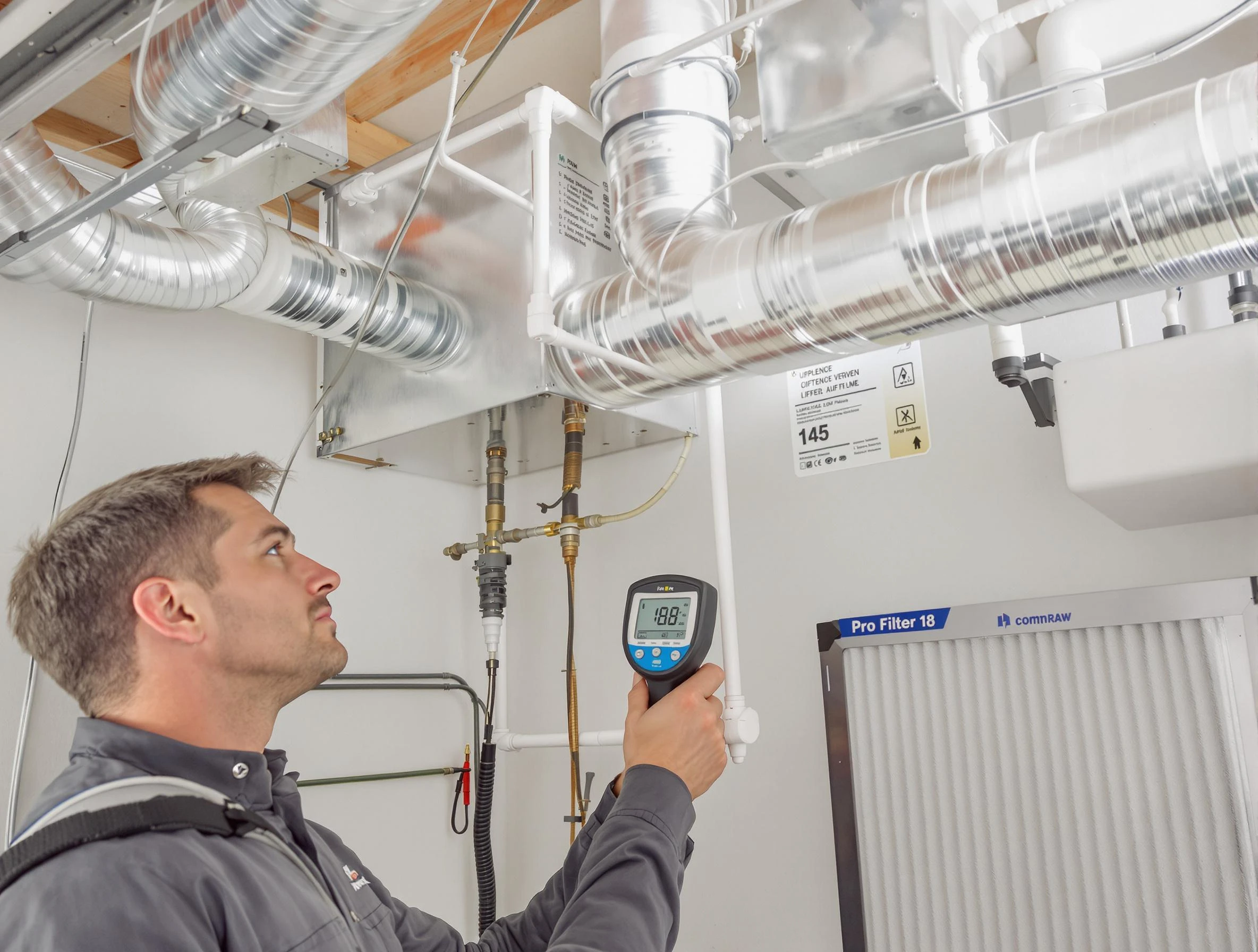 Gilbert Air Duct Cleaning expert conducting detailed filter system inspection using diagnostic tools in Gilbert