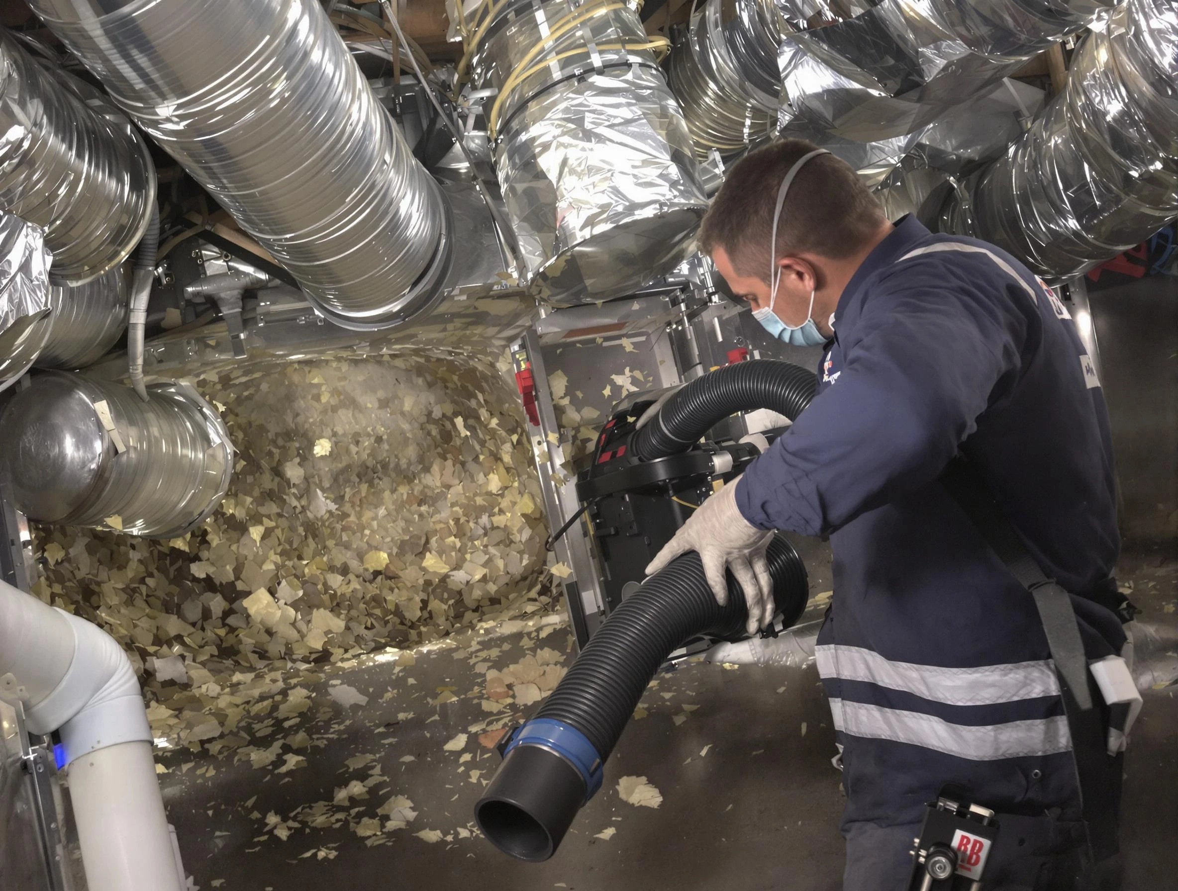 Technician performing negative-pressure cleaning on commercial HVAC ductwork